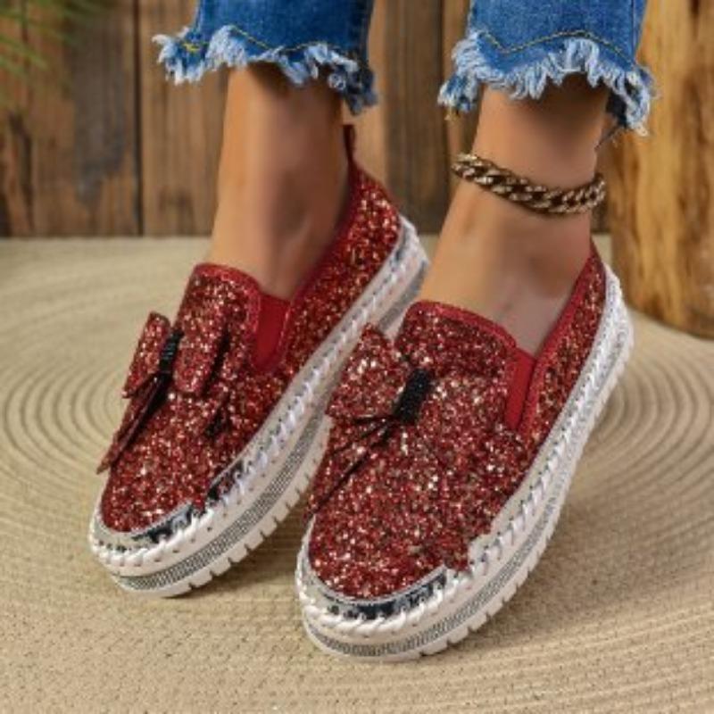 

Трендовые туфли-одиночки большого размера женские осенние новые на плоской подошве с круглым носком, с бантом и пайетками, модные туфли-одиночки женские 45 красный