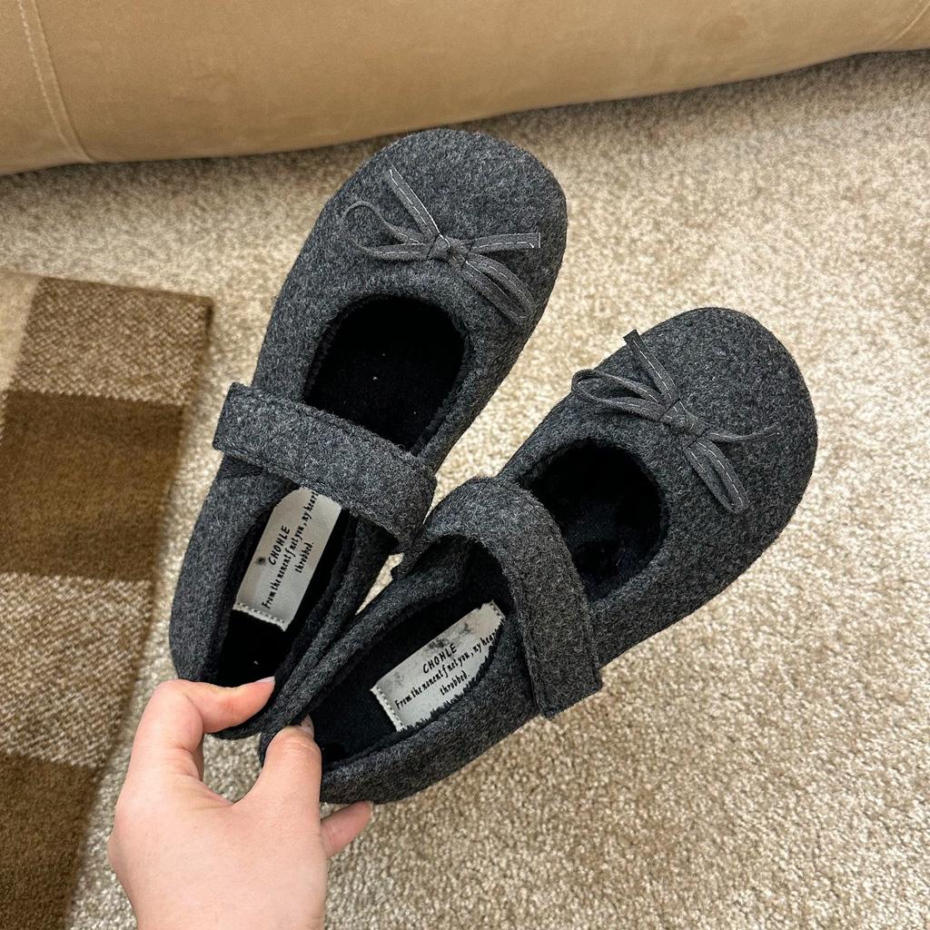 Bow gray fluffy shoes women wear in winter new woolen velvet single shoes flat bottom warm Mary Jane Doudou shoes