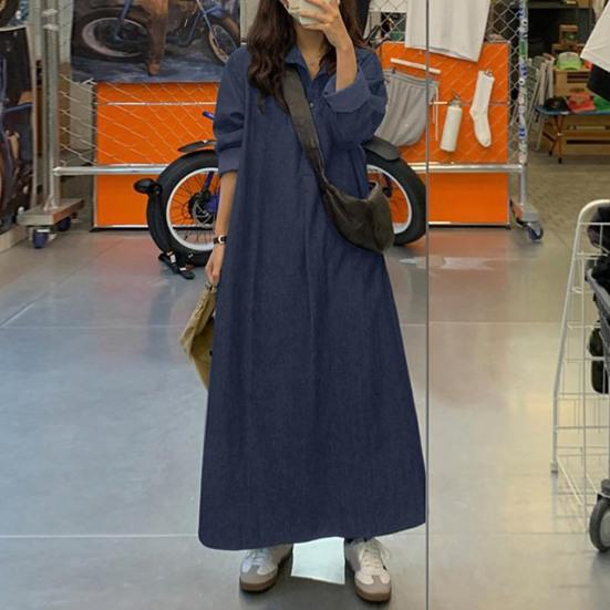 

Women s Casual Denim Maxi Dress Roll-Up Sleeve Lapel Button Up Shirt Dress Loose Fit Long Jeans Dress 5XL синій
