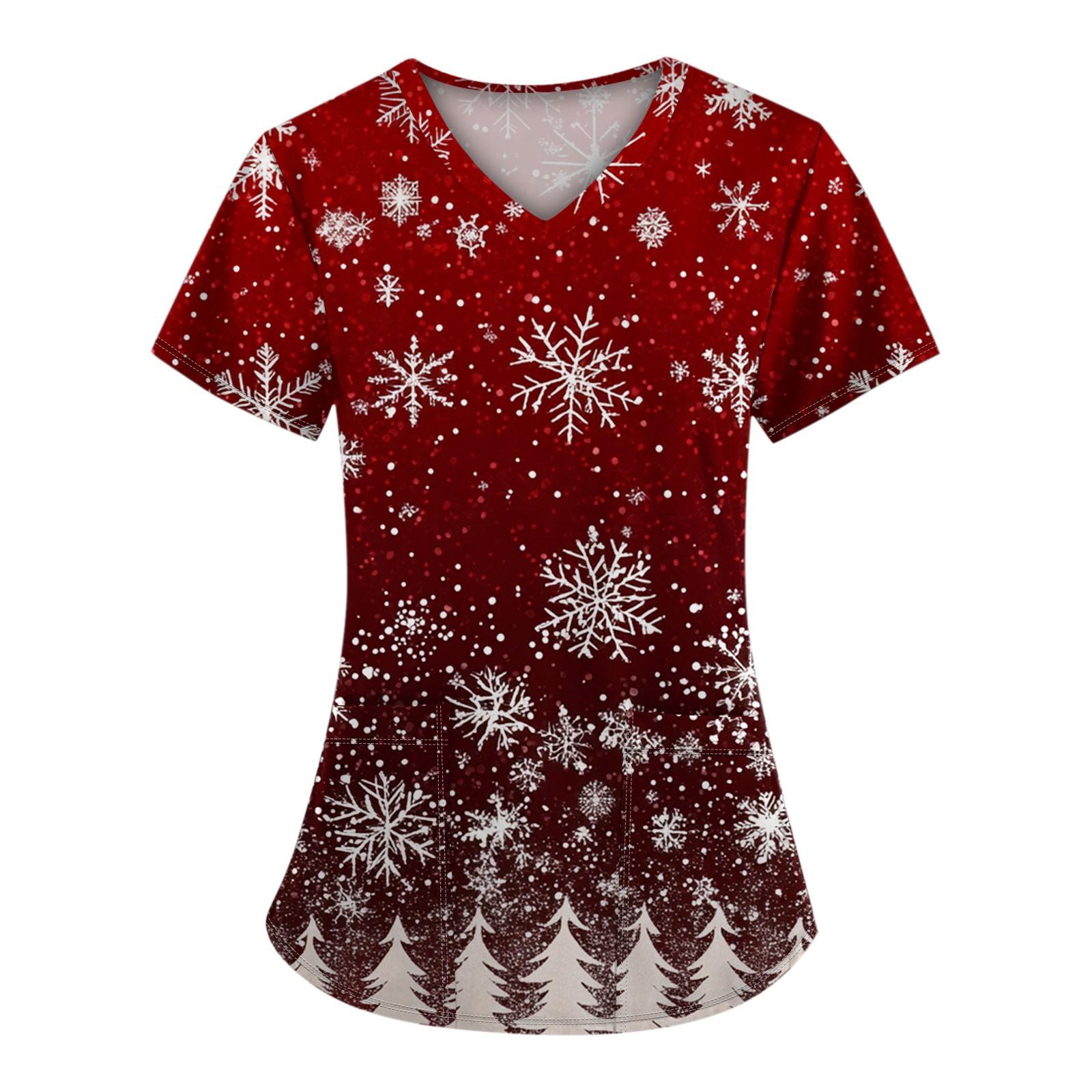 

Женский топ с короткими рукавами и рождественским принтом, V-образным вырезом и карманом XL винный