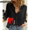 IHUASU Women's Fashion Casual Red Elephant Print  Long Sleeve POLO Neck Blouses & Shirts