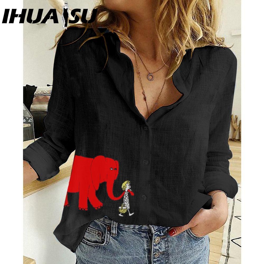 IHUASU Women's Fashion Casual Red Elephant Print  Long Sleeve POLO Neck Blouses & Shirts