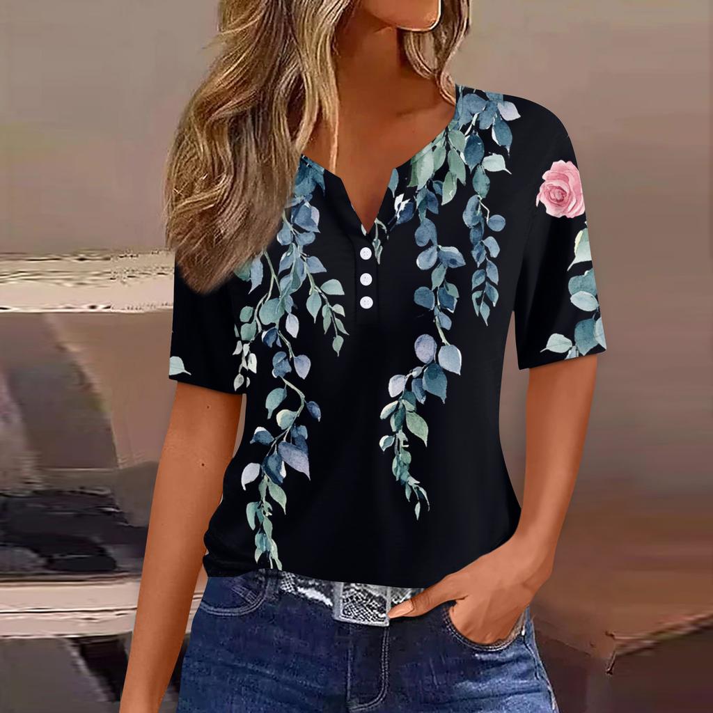 Damen T-Shirt mit Aufdruck und Knopfleiste, kurzärmelig, für den Alltag, Wochenende, modisch, Basic, V-Ausschnitt, normales Oberteil