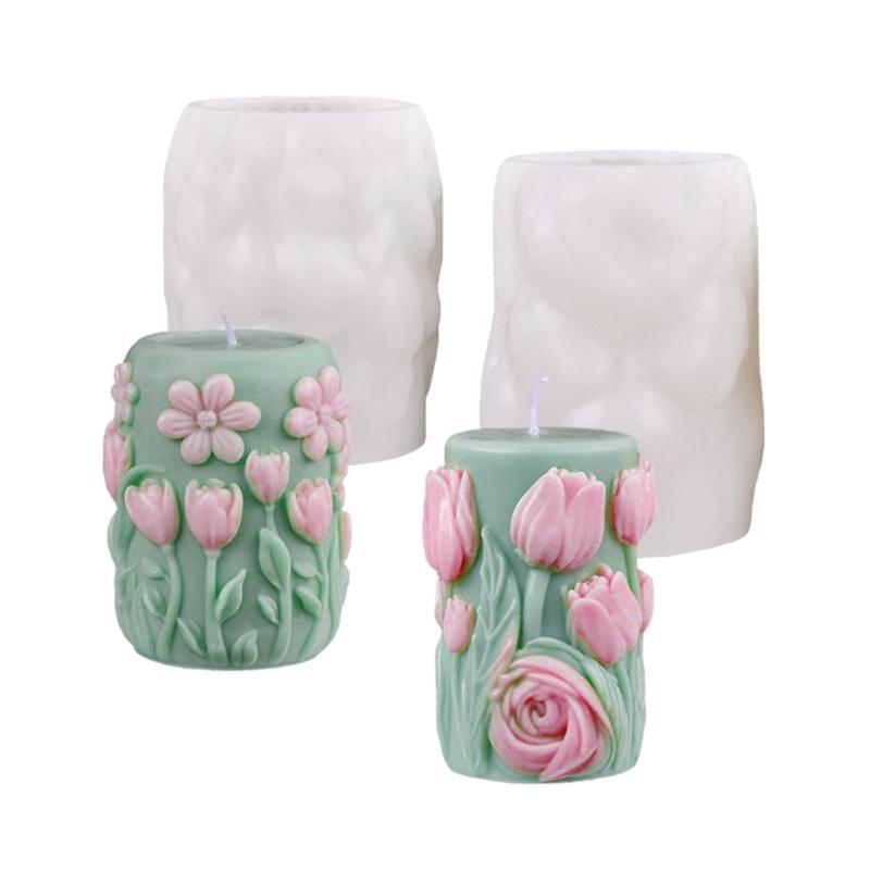 Flower Embossed Cylinder Shape Silicone Molds for Epoxy Resin Making Candle Soap Heat Resistant Floral Silicone Mould