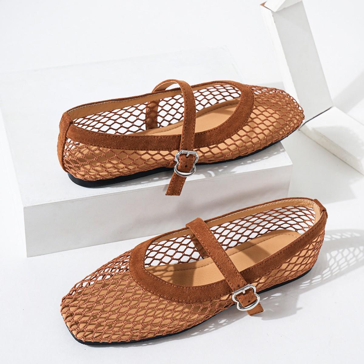 

Round head fishing net grid hollow Mary Jane single shoes women go out in the summer of 2025 new foreign trade sandals breathable 39 шоколадный