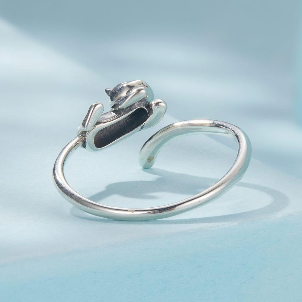 Silver Adjustable Ring, Charming Cat with a Long Tail, Silver 925