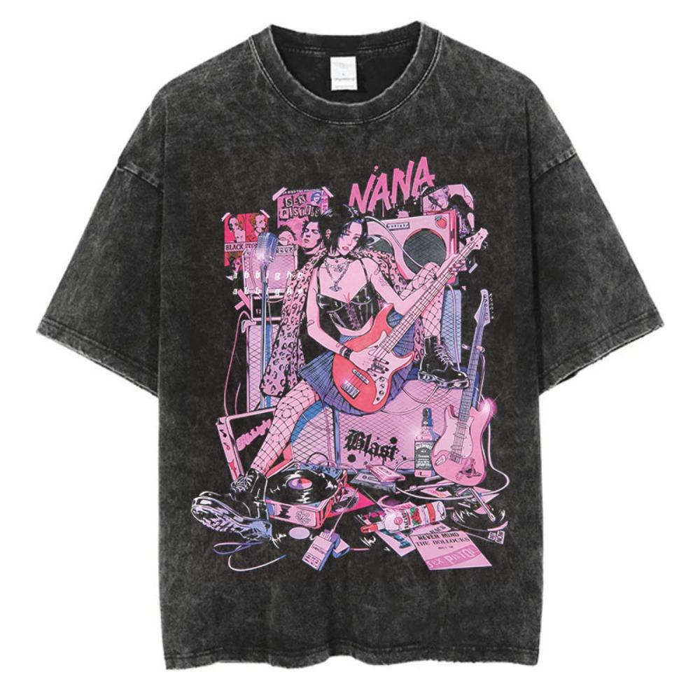 Japanese anime Osaki Nana printed retro washed T-shirt for men summer short-sleeved T-shirt for Harajuku M