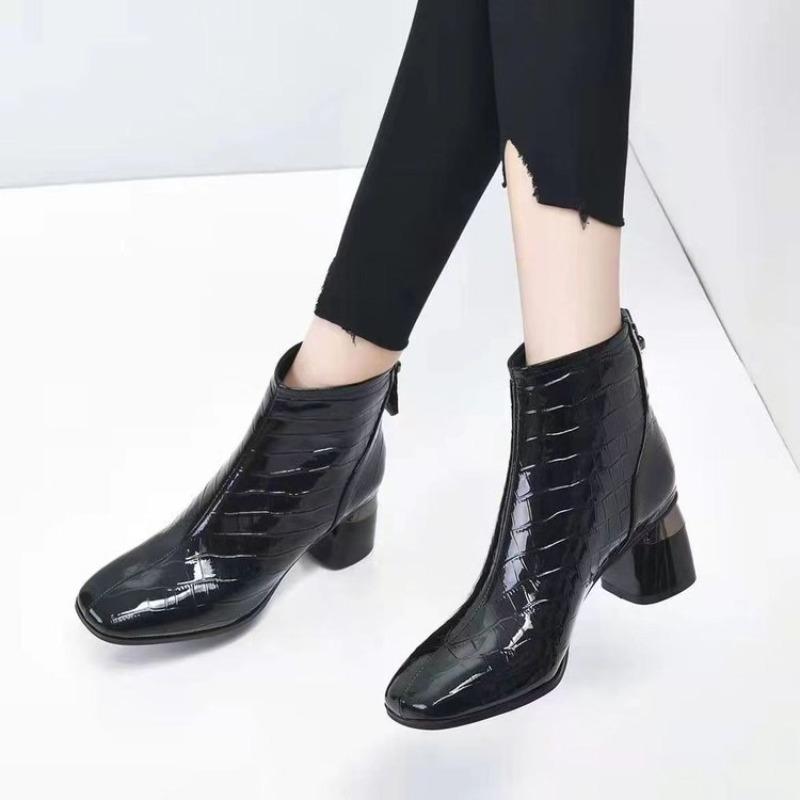 Women's Shoes Spring and Autumn Soft Leather Square Toe Fashion Thick-heeled Mid-heel Short Boots