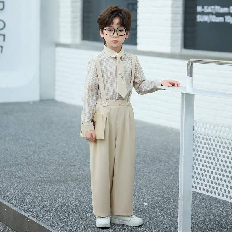 Elegant Boys Formal Suspender Outfit, Teen Kids Plaid Shirt Tie Pants Set, Children School Uniform/Wedding Guest Wear 3-14 Years