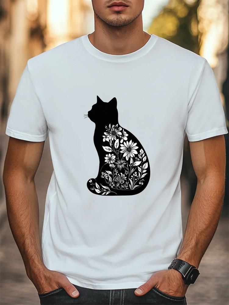 Black Cat with Floral Design Graphic T-Shirt Unisex Men Women Casual T-shirt Unisex T-Shirt M