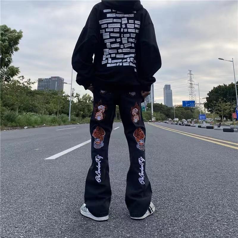 JYL Men s Jeans High Street Vibe Flame Skull Embroidered Bootcut Denim S амарантовый