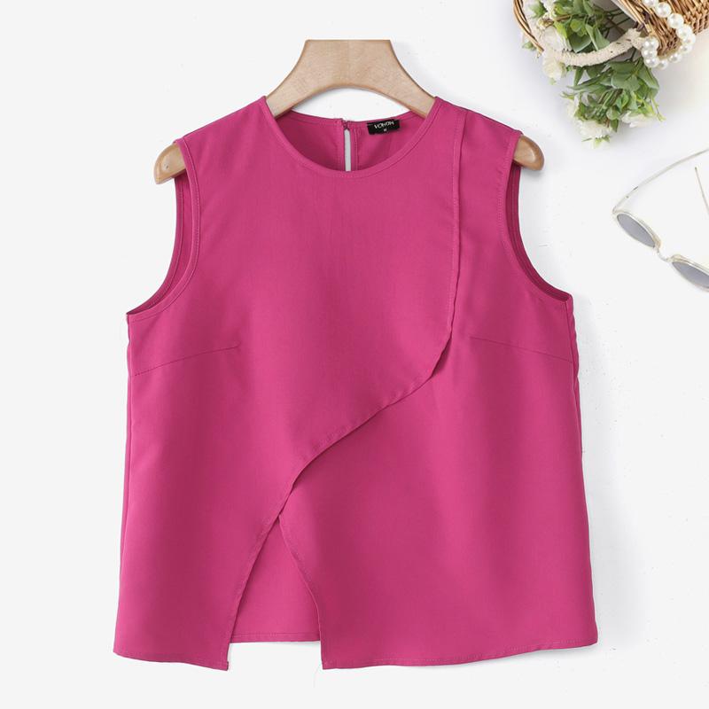 VONDA Women Round Neck Sleeveless Irregular Splits Casual Tank Tops