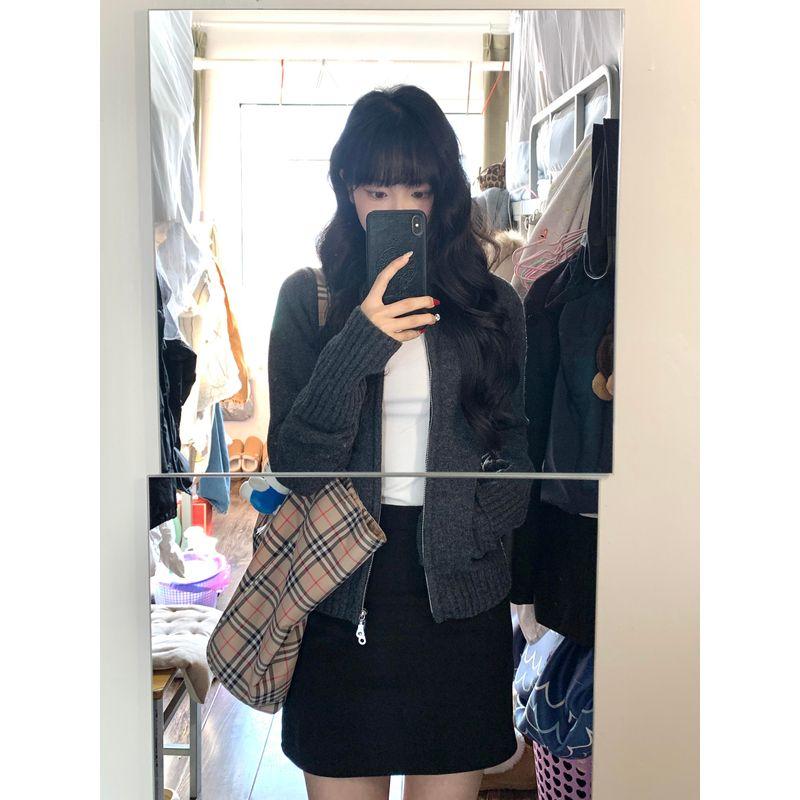 

Double Zipper Slim fit Knit cardigan Spring and Autumn New Korean Series Short Bottoming Sweater Pullover Outer Wear Top Outerwear Grey S