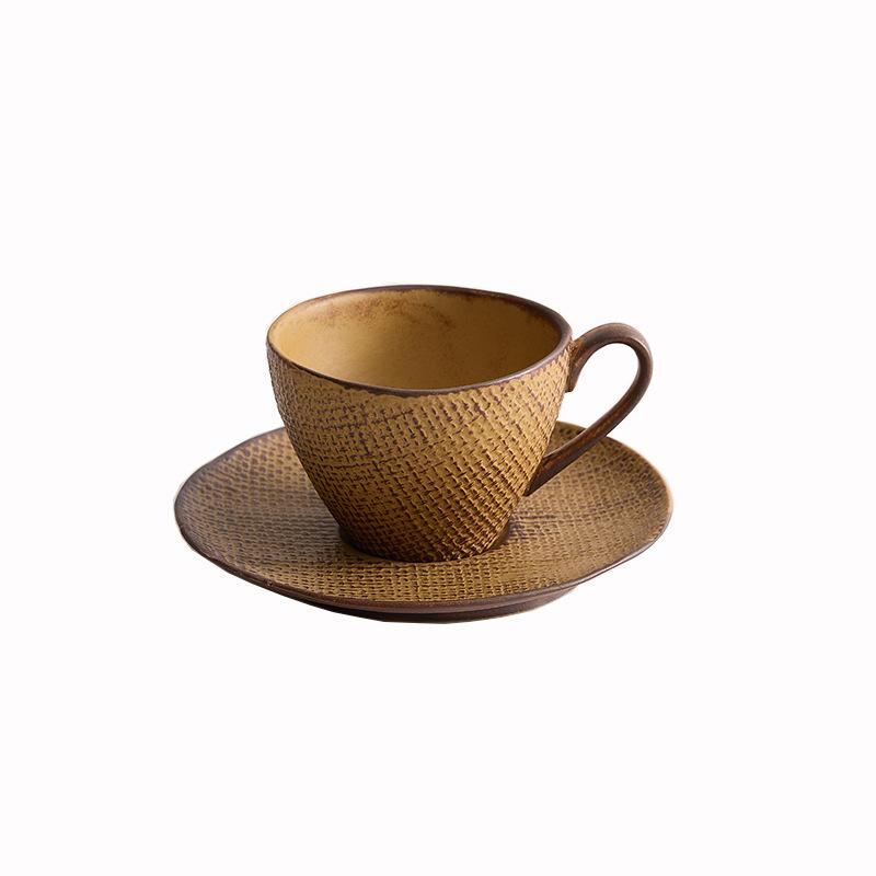 

Japanese creative linen pattern coffee cup saucer Keitianyaki retro coffee cup saucer afternoon tea coffee cup household coffee 220ml