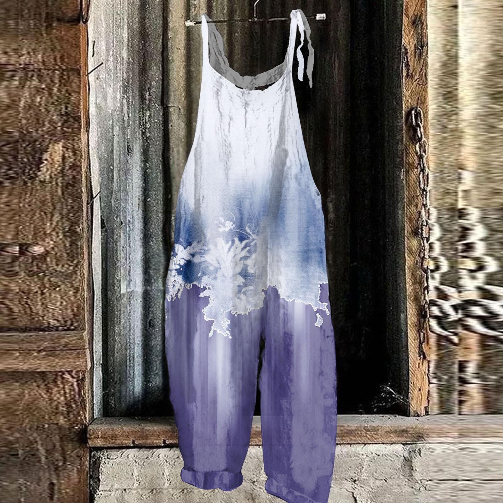 

Женский комбинезон с цветочным принтом, повседневный свободный винтажный комбинезон из хлопка и льна XXXL фиолетовый