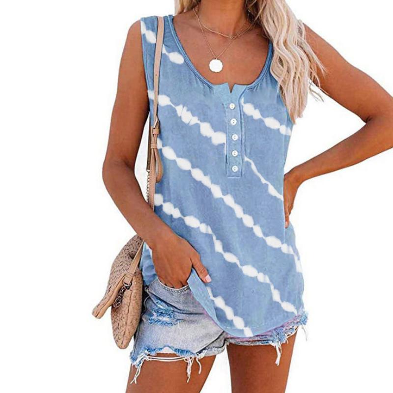 Tricou de vară pentru femei cu gât rotund, cu dungi, fără mâneci, cu vestă cu nasturi
