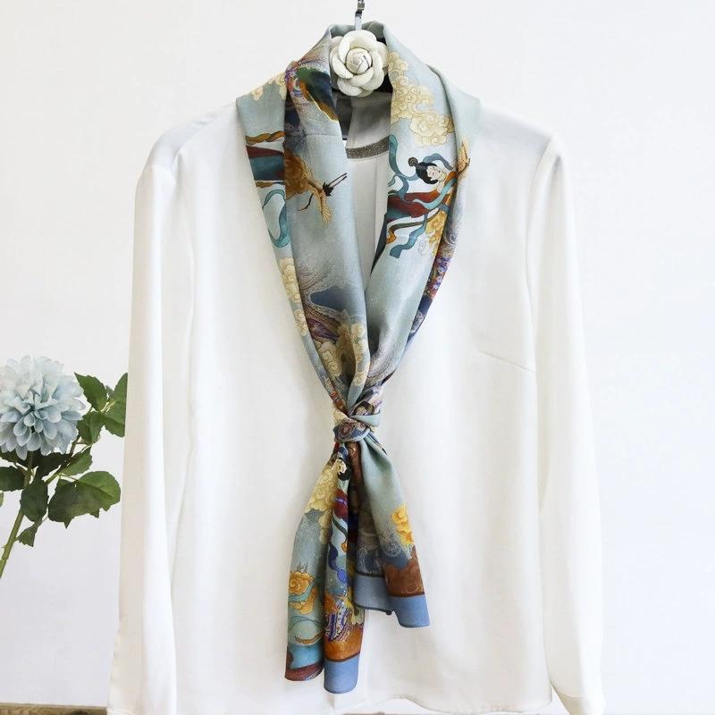 Chinese Style Fairy Dunhuang 100% Pure Silk Scarf for Women INS Luxury Hangzhou Long Silk Scarf 140x35cm