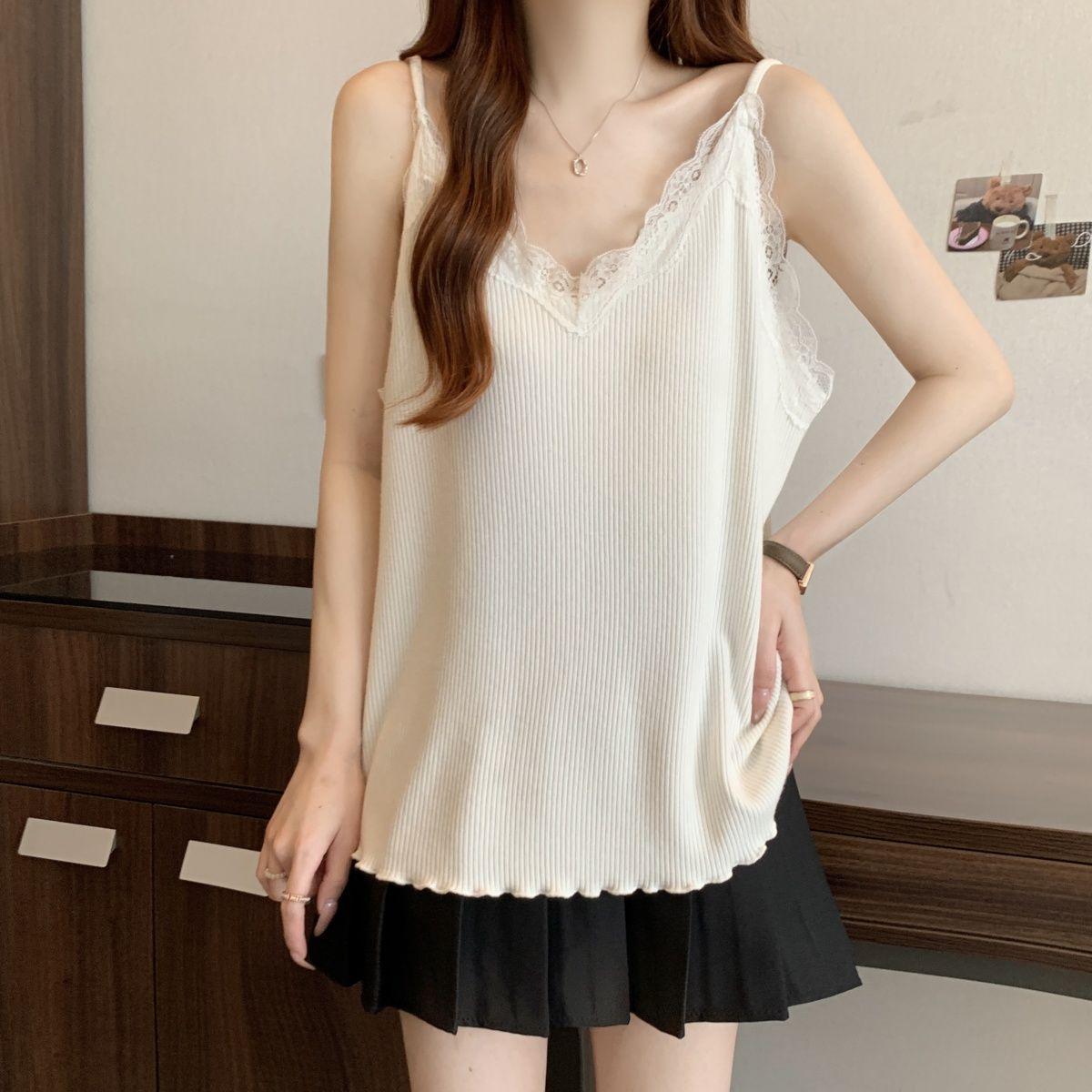 

Женская летняя майка большого размера с кружевной отделкой - Свободный крой, новый базовый топ L (suggested 90-120 jin) белый