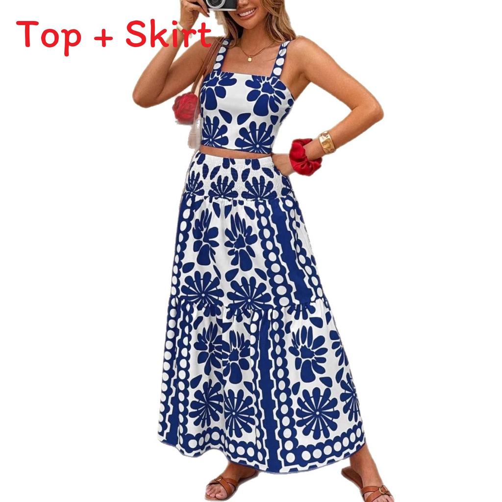 Set di Vestiti Lunghi Senza Maniche con Stampa Floreale Bohemien per l'Estate Casual da Donna
