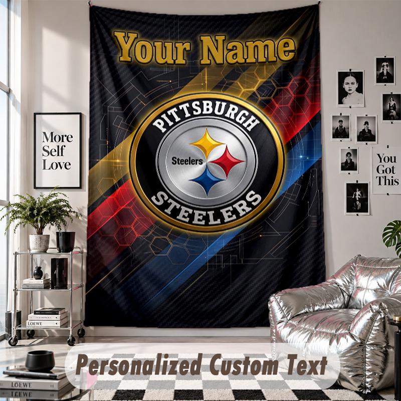 Wall Hanging Tapestry With Custom Name & Text, Pittsburgh Steelers Decorative Tapestry For Bedroom
