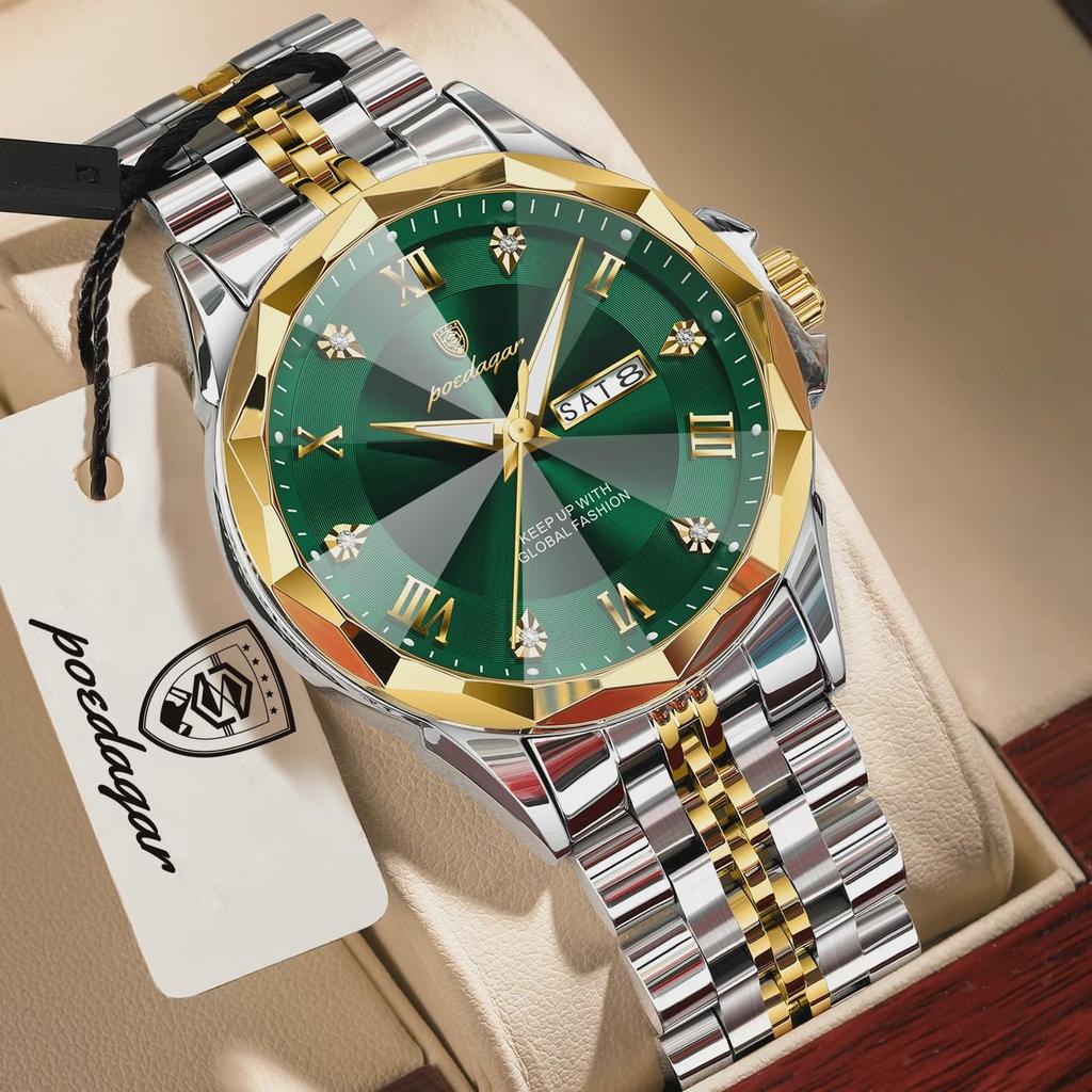 POEDAGAR Luxury Fashion Man Clock Top Business Waterproof Luminous Date Week Men's Watches Quartz Stainless Steel Wristwatch