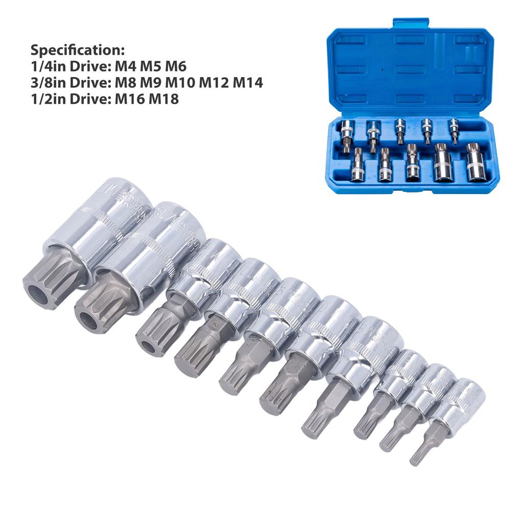 10 Pcs Triple Square Spline Bit Socket M4 To M18 1/4in 3/8in 1/2in Drive CR V Bit Socket Set with Storage Box