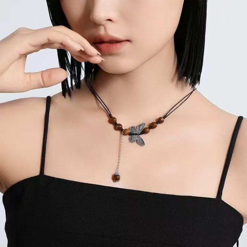 Authentic color beaded ceramic butterfly woven rope necklace ethnic antique accessories high-end lock