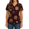 Women's Christmas Print V-Neck Double Pocket Short Sleeves Hem Slit  Uniform And Caregiver Top