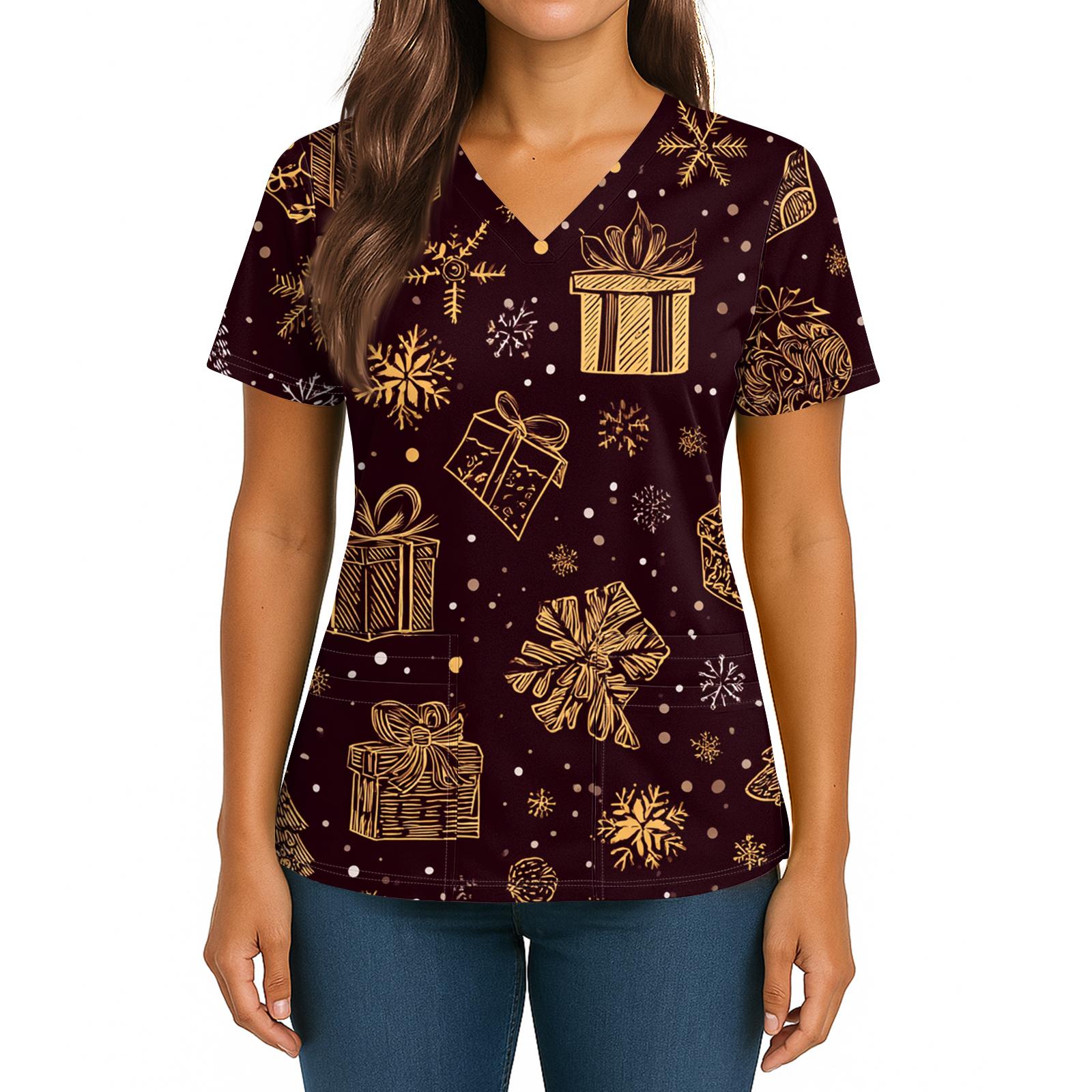 

Женская футболка с рождественским принтом, V-образным вырезом, двумя карманами, короткими рукавами, разрезом по подолу, униформа и топ для сиделки XL