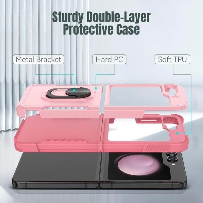 Coque pour samsung galaxy z flip 6 - rigide antichoc avec anneau support rose