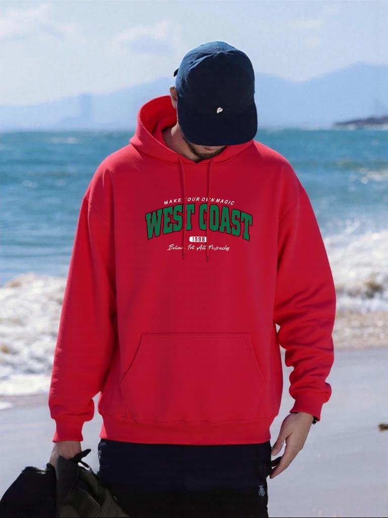 Westküsten Kunst Buchstabenmuster Herren Hoodie Bequem Herbst Streetwear Mehrfarbig Fleece Pullover Übergroße Tasche Kapuzenpullover