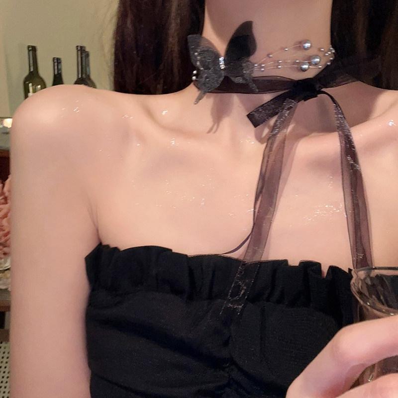 Romantische Vlinder Parel Strik Strikketting Dames Luxe Zijden Lint Zoete Chokers Sleutelbeenketting Temperament Sieraden Cadeau Feest