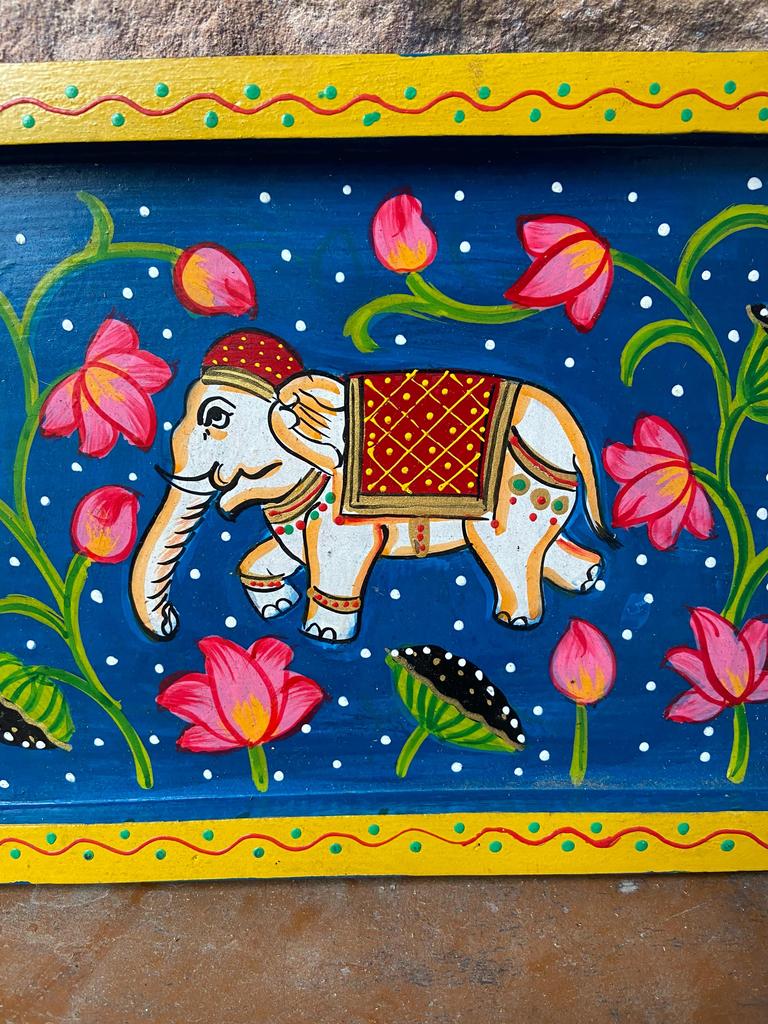 Handmade Wooden Elephant Wall Decor Lotus Floral Indian Folk Art