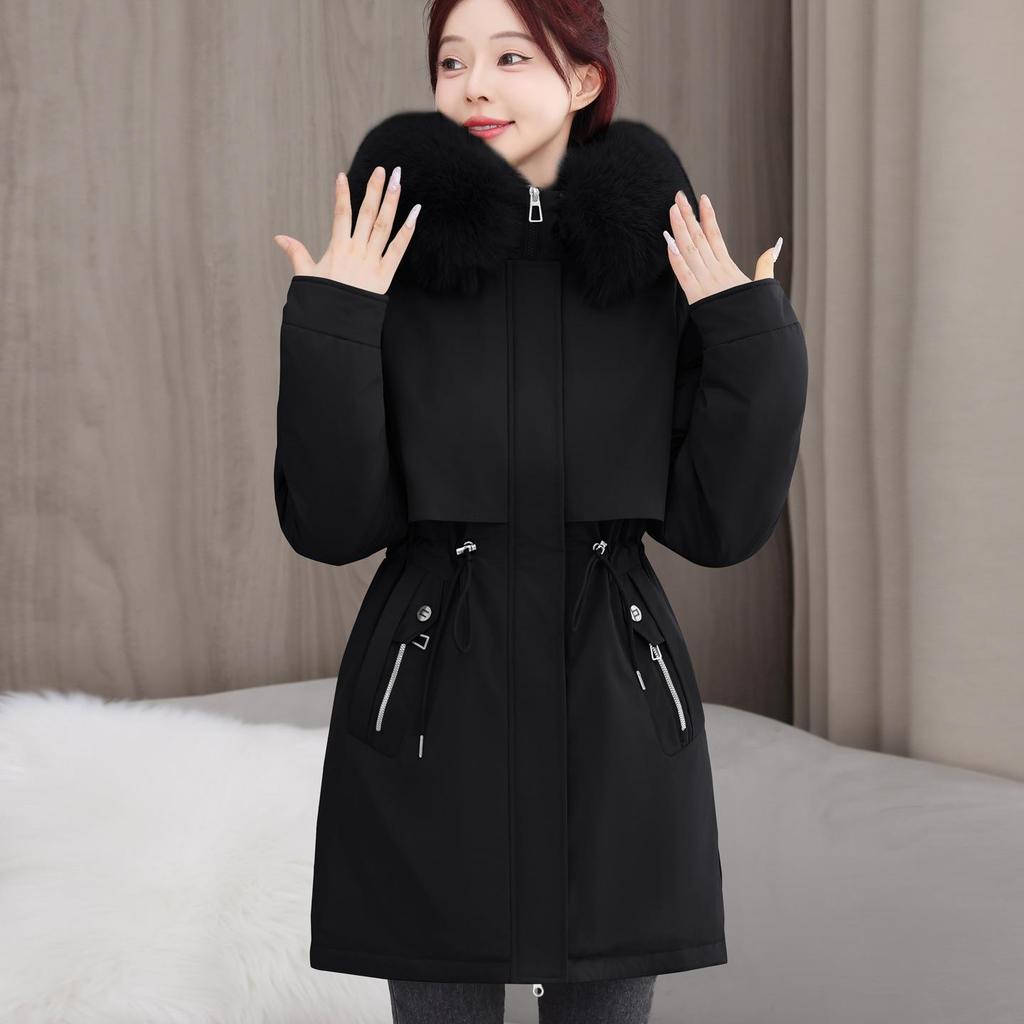 Überwindet die lange koreanische Version von lockerer Baumwollwattierter Kleidung für Damen, fügt Samt hinzu und verdickt die Taille, wattierte Jacke Mantel im Winter.