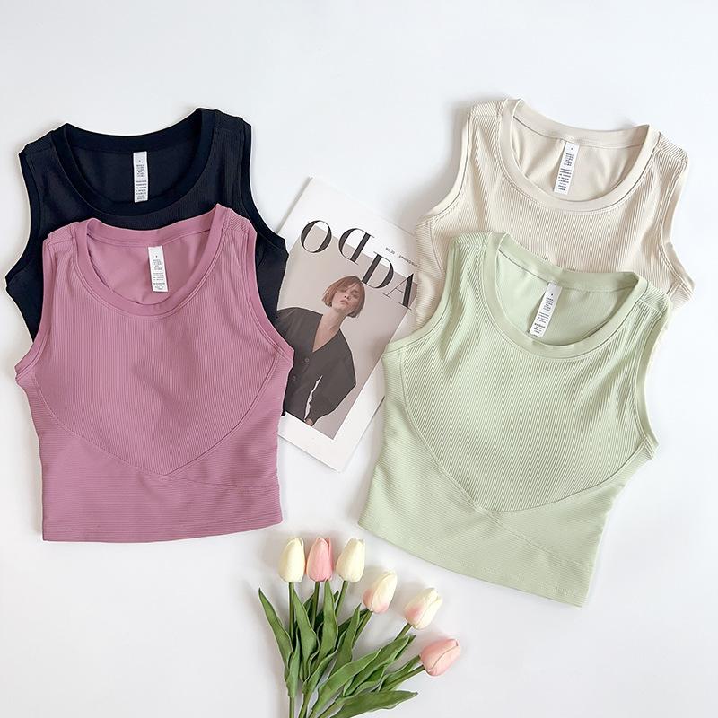 Damen Ripp-Y-Rücken Yoga Tanktop mit festen Cups - Hohe Elastizität, Figurbetont, Integrierter Sport-BH