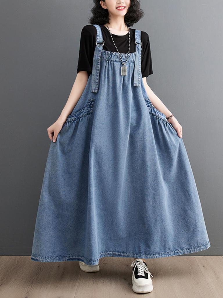 Plus Size Women's Summer Denim Overall Dress - Loose, Slimming, Korean Style for Maternity and Big Swing