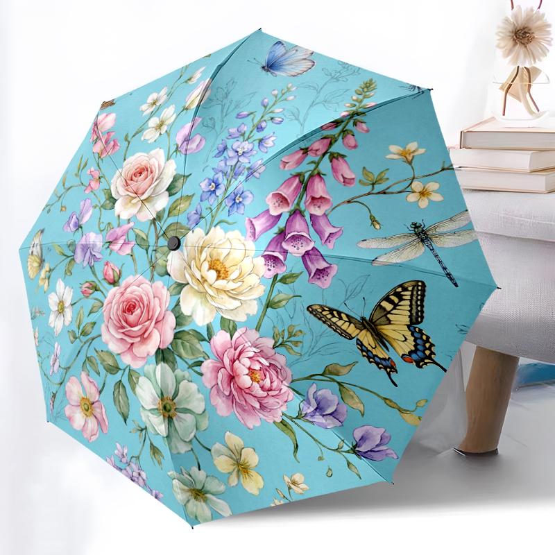 

1pc Sturdy 8-Bone Auto Umbrella, Rich Red Rose Mellow Bloom Visions Umbrella, Digital Printed, Foldable Umbrella for On-the-Go Outdoor Use