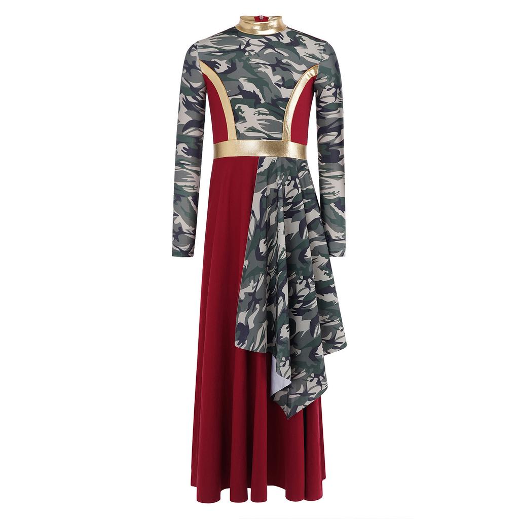 Kids Praise Dance Costume Mock Neck Long Sleeve Printed Asymmetrical Drape Hem Back Zipper Dress for Liturgical Worship Performance