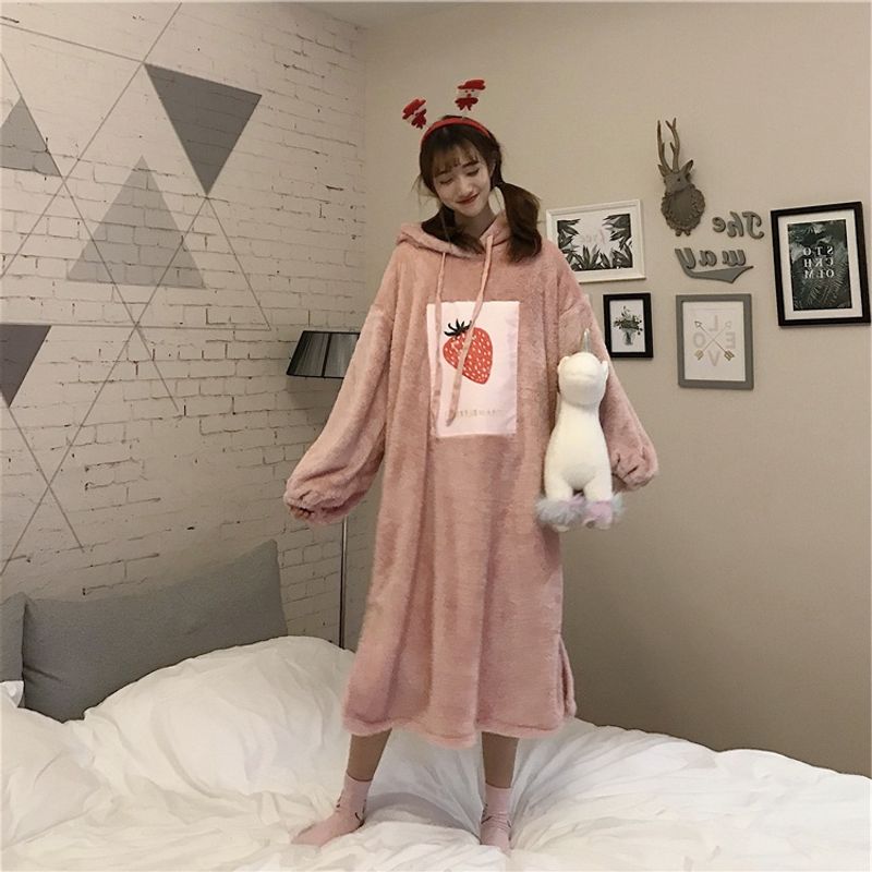 

110.00 кг Экспортный Большой размер Женская одежда Худи Двусторонний Вельвет Утолщенная Ночная рубашка Домашняя одежда Средней длины Длинная длина Модный, стройнящий Pink Plus size XL