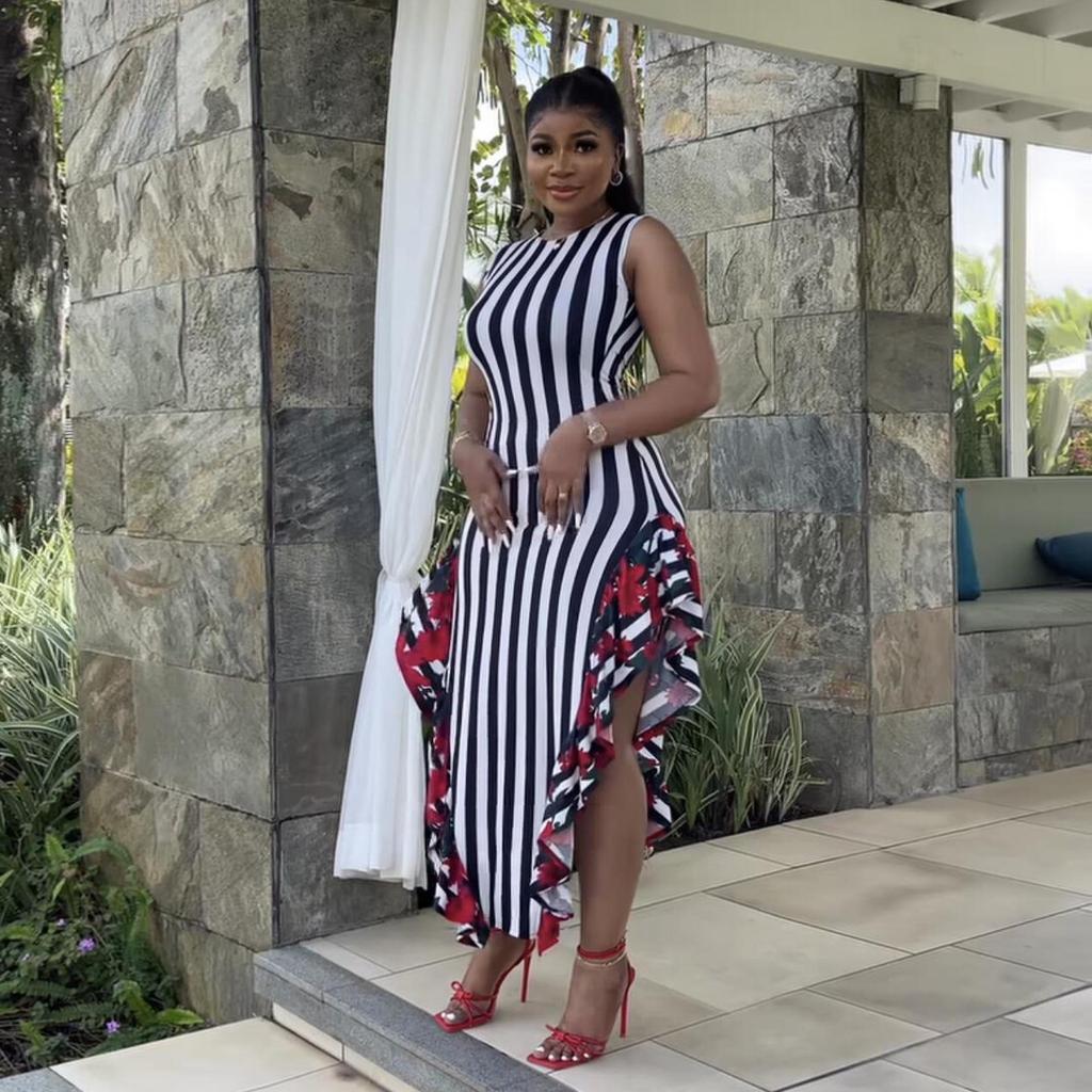 European & American Women's Sleeveless Striped Ruffle Print Dress