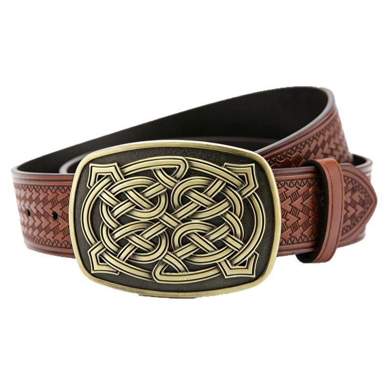 Western Cowboy Men's Leather Belt with Large Buckle and Turquoise National Flag Pattern - Retro European American Style Waistband
