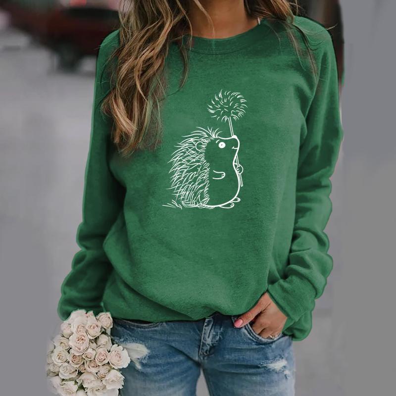 Pull imprimé à motif hérisson mignon pour femme, sweat-shirt à manches longues et col ras du cou confortable