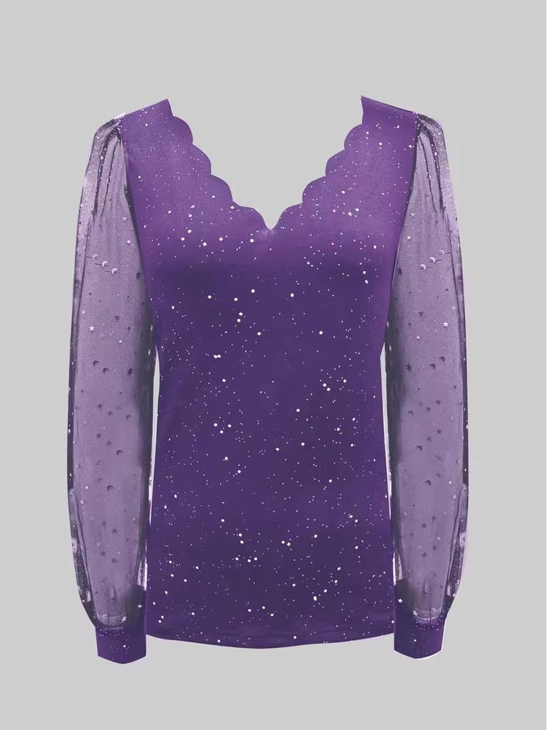 European Style V-Neck Long Sleeve Mesh T-Shirt