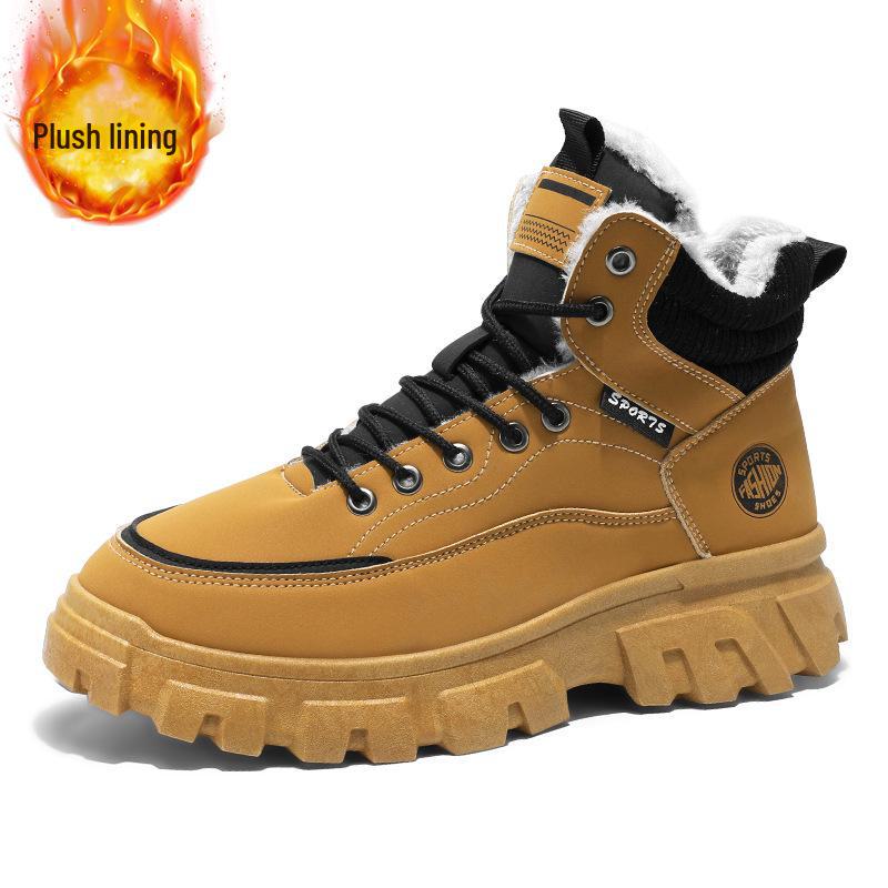 Men's High-Top Martin Boots - Velvet Winter Work Shoes, Retro Style with Thick Soles and Warm Cotton Lining.