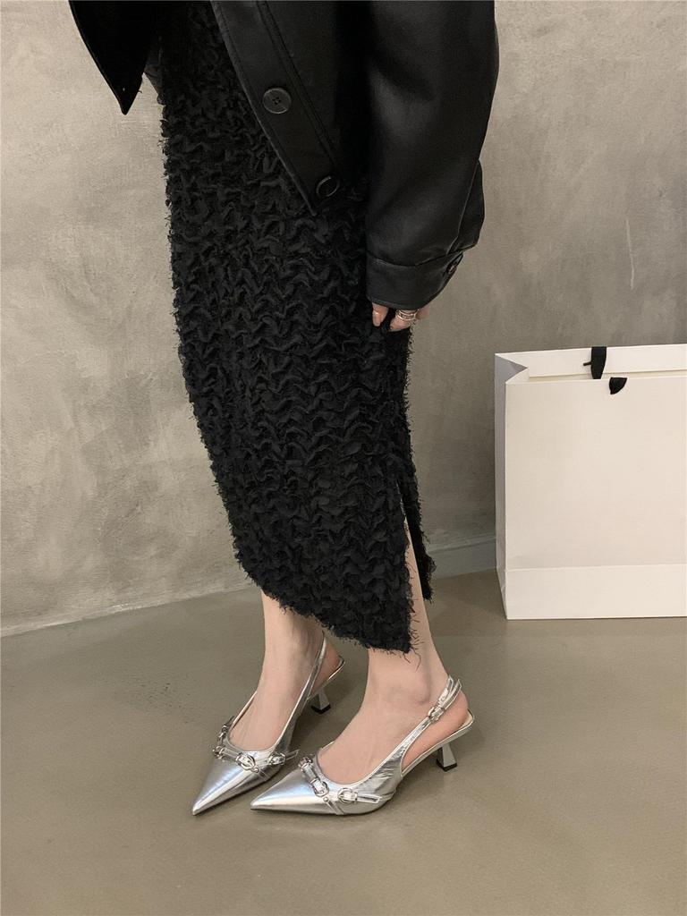 Temperament black patent leather pointed head bag head empty sandals women 2025 new spring and autumn stiletto high heels single shoes women