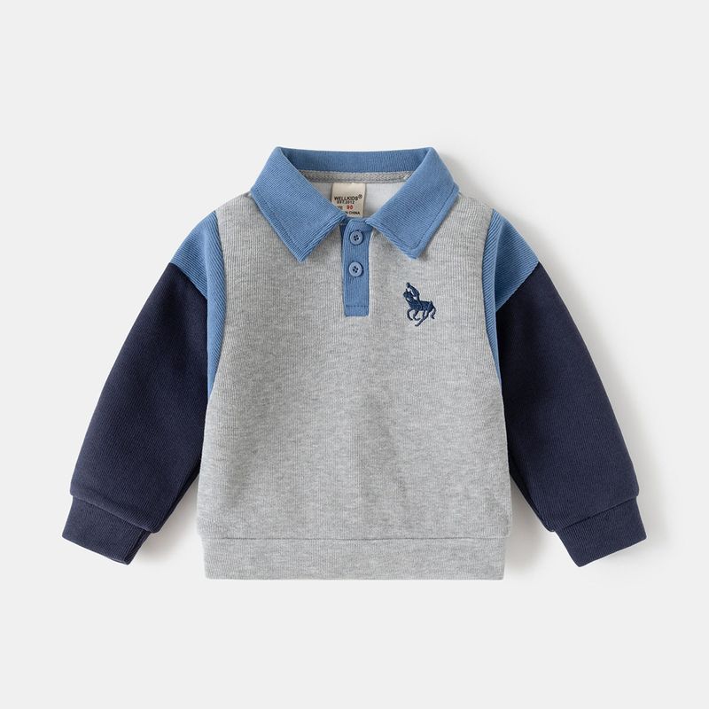 Spring and Autumn Children s Clothing Boys  Long-Sleeved Sweatshirt Children s Patchwork Sleeve Jacket Baby Embroidered Cartoon Lapel Pullover Top Gray 140