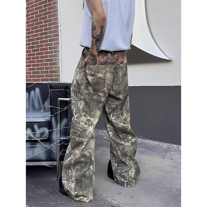 American Retro Snake Branch Camouflage Jeans Washed Retro Vintage Loose Wide Leg Casual Trousers Tide