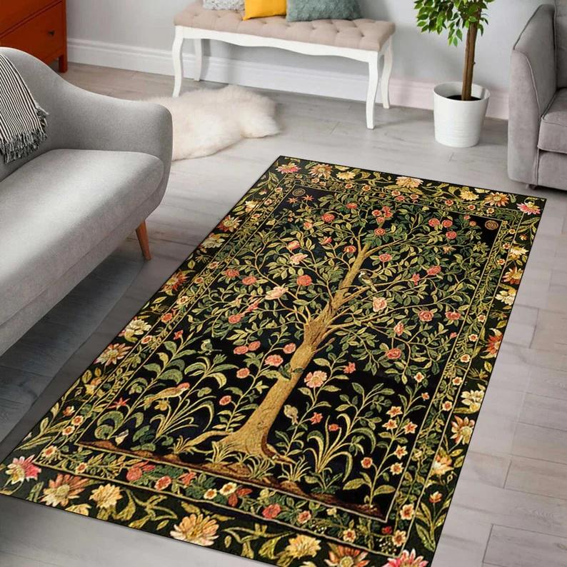 Vintage Art Rectangular Rug, Unicorn Tree Floral Patterns, Soft Non - Slip Carpet to Elevate Living Room and Bedroom Decor