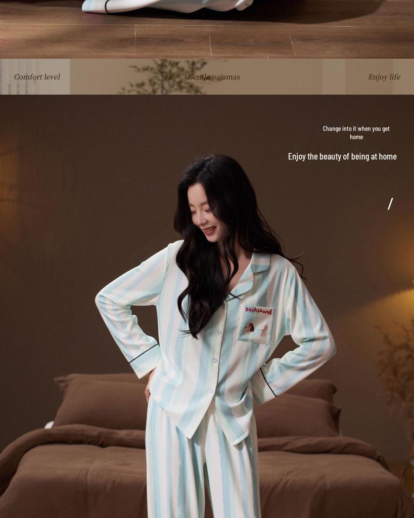 Ice Silk Cool Women’s Long Sleeve Pajama Set with Cute Stripes for Spring and Autumn