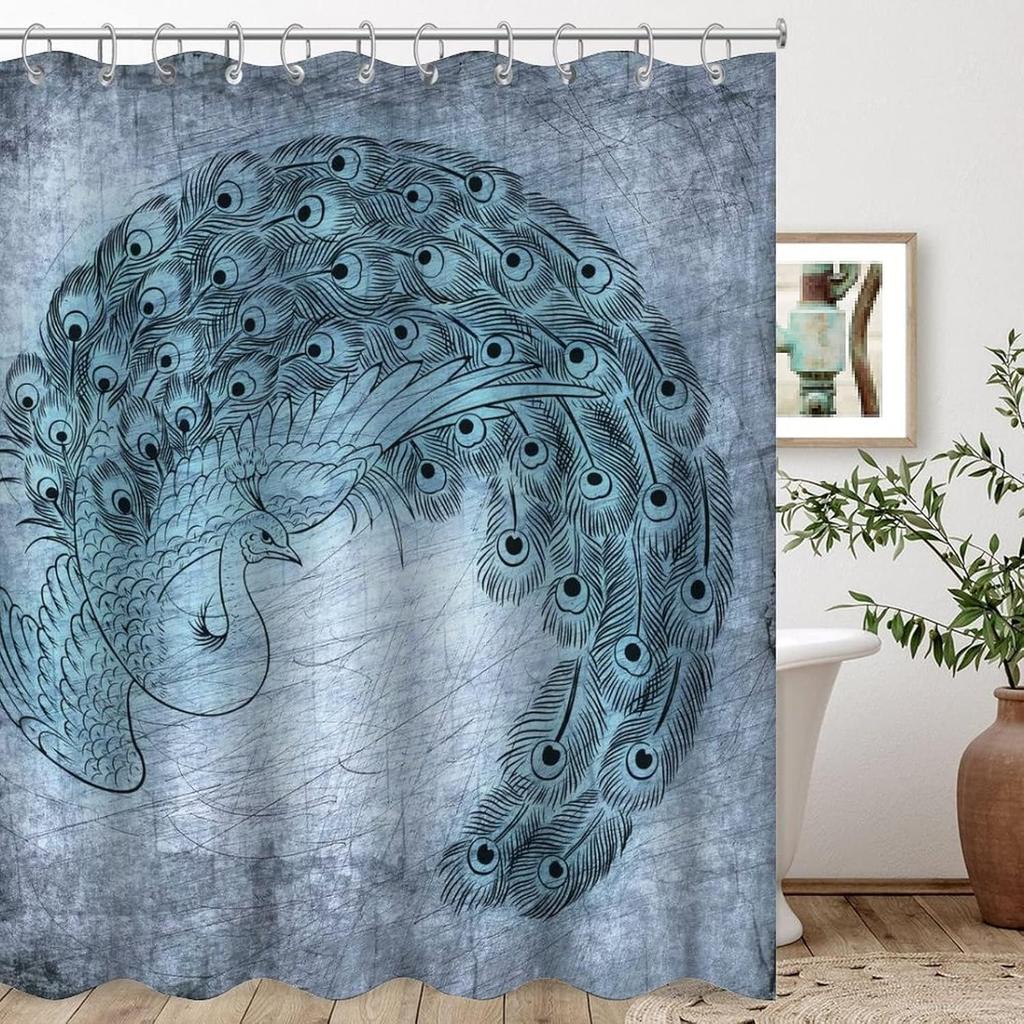 Peacocks Shower Curtains Chinese Birds Feather Bathroom Curtains Retro Flower Waterproof Polyester Bathtub Screen With Hooks